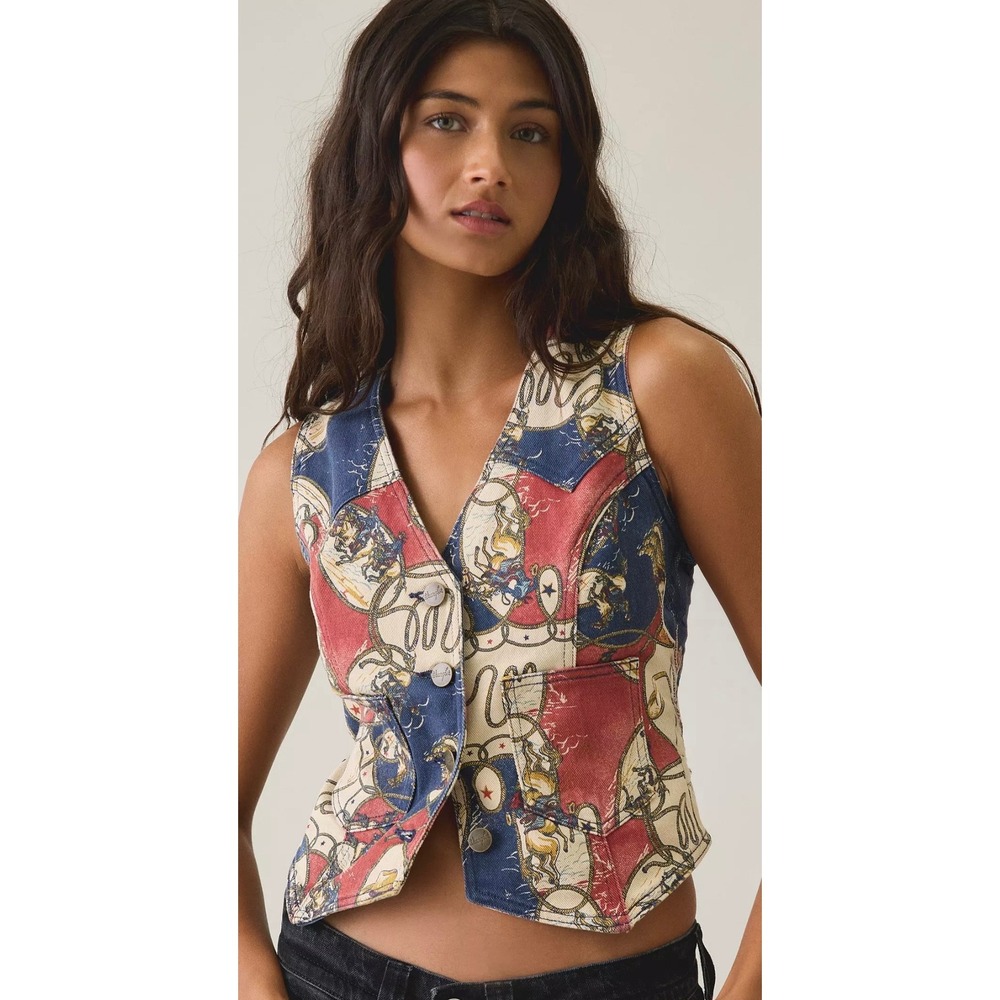 Wrangler Rodeo Print Women's Small Denim Vest Top Western Cowgirl NEW
